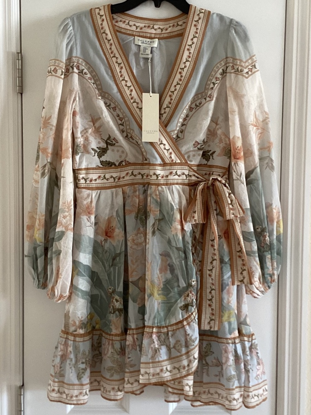 Calypso St. Barth Cotton Pastel Blue Floral V-Neck Faux Wrap Frill Mini Dress - Picture 3 of 16
